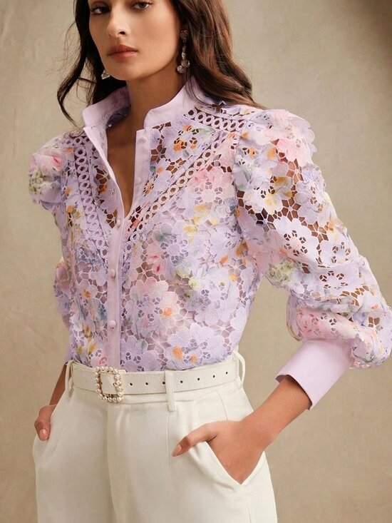 Tops - Purple Elegant Women's floral embroidered blouse
